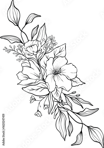 Detailed black and white bouquet with large blooms, fine lined leaves, and buds ideal for nature-themed content, botanical studies, or minimalist visual storytelling