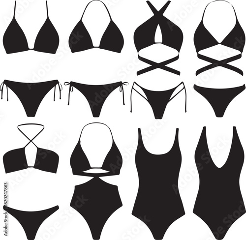 Collection of black womens swimwear silhouettes featuring various bikini monokini and onepiece styles