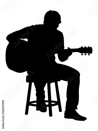 Vector art of silhouette of a man sitting on a stool playing an acoustic guitar, isolated on transparent background