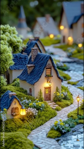 A miniature village scene with small houses, lush greenery, and a winding stone path. Soft lights illuminate the houses, creating a cozy atmosphere.