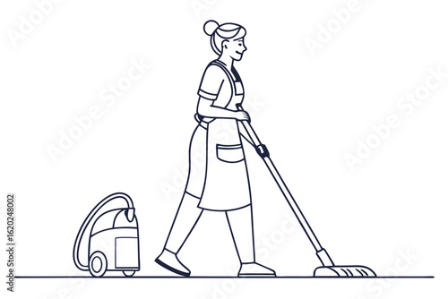 Cleaning lady standing with vacuum on white background