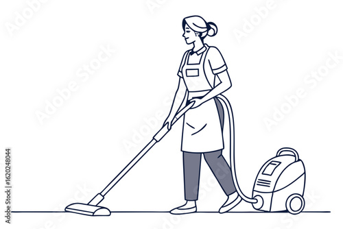 Housekeeper vector with vacuum on clean white space