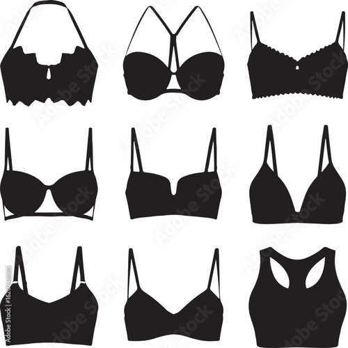 Vector graphic set of nine black bra silhouettes showcasing diverse styles like halter racerback and bralette