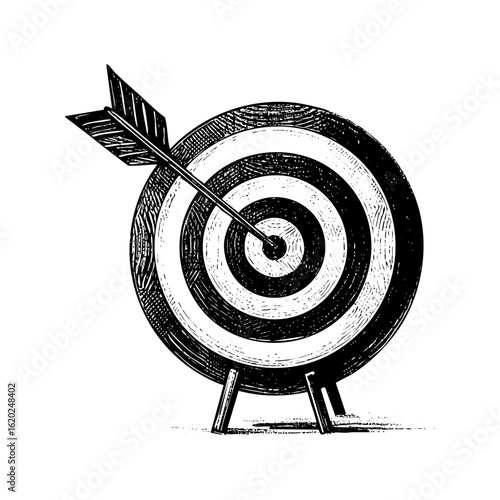Arrow on target sketch engraving black and white outline. Scratch board imitation.  illustrated in vintage line art style on a white background.