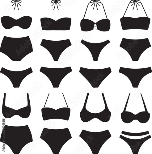 A diverse collection of black womens swimwear silhouettes featuring various bikini top and bottom styles as graphic icons