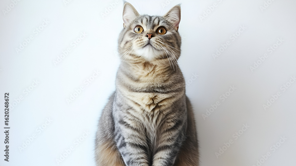 Obraz premium An adorable grey striped tabby cat sits and looks up with curiosity against a plain white background.