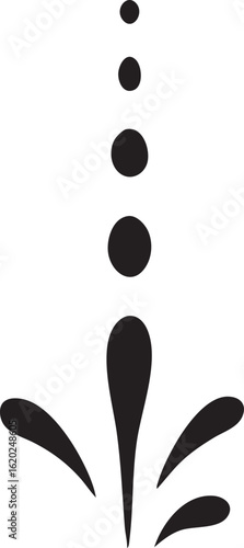 Minimalist black illustration of a liquid drop falling in sequence and creating a splash. Abstract vector icon isolated on a white background.