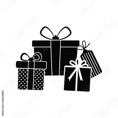 A collection of stylized black gift boxes with bows and tags isolated on white background isolated on transparent background