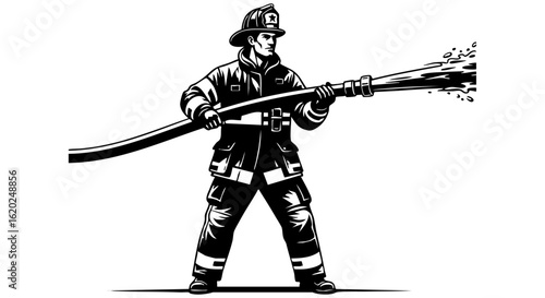 Vector art of firefighter in full gear spraying water from a hose, isolated on transparent background