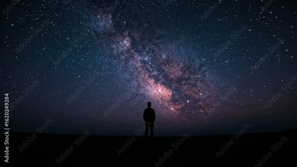 Fototapeta premium Silhouette of a person standing under a vibrant milky way filled with stars in a dark night sky view
