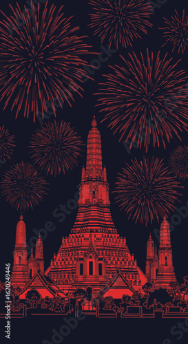Stylized Wat Arun and Fireworks Illustration, Bangkok Landmark Celebration, Cultural Heritage