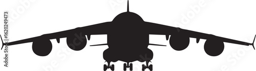 Frontal silhouette of a C17 Globemaster III military transport plane with high wings and four engines