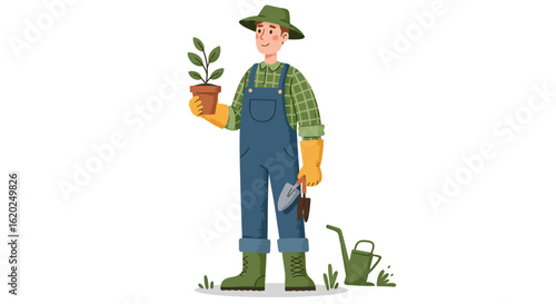 A gardener holding a potted plant with a shovel and watering can on a white background