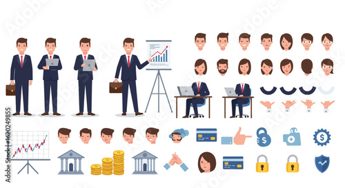 Cartoon vector illustration of business people and financial icons on a white background