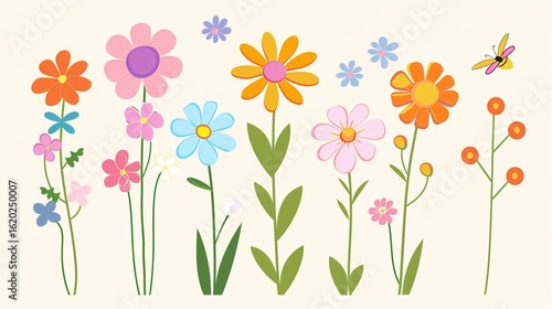 Vibrant Flat Floral World: A Natural Symphony of Greenery, Blossoms and Insects