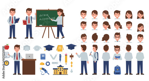 Illustration of a teacher and students with school supplies and facial expressions set on white
