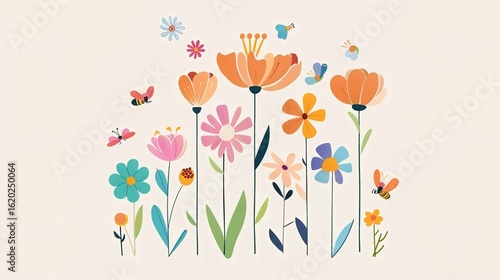 Vibrant Flat Floral World: A Natural Symphony of Greenery, Blossoms and Insects