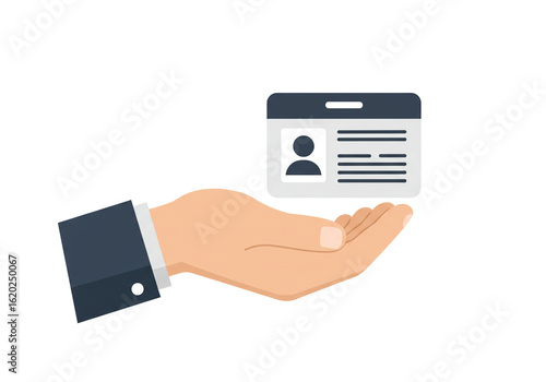A hand holding a name tag with a person icon and text lines on a white background illustration