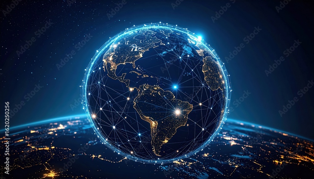 Obraz premium Digital Globe Network At Night
