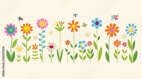 Vibrant Flat Floral World: A Natural Symphony of Greenery, Blossoms and Insects