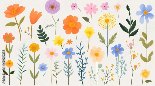 Vibrant Flat Floral World: A Natural Symphony of Greenery, Blossoms and Insects
