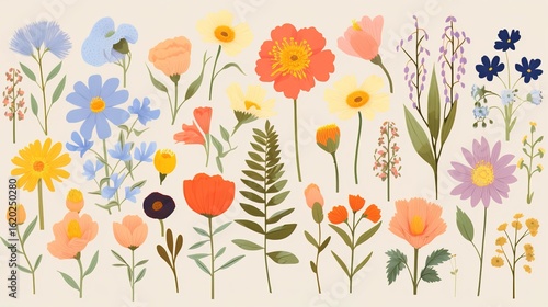 Vibrant Flat Floral World: A Natural Symphony of Greenery, Blossoms and Insects