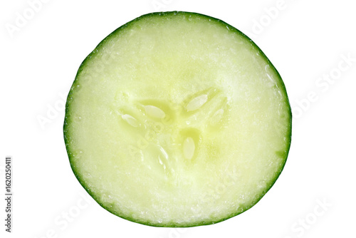 Circle of cucumber slice with water drops - real fresh photo on transparent background.