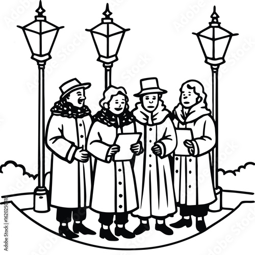 A group of carol singers gathered under a streetlight in the snow isolated on white background isolated on transparent background