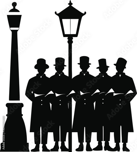 Group of carol singers gathered under a glowing streetlight in a snowy winter scene isolated on white background isolated on transparent background