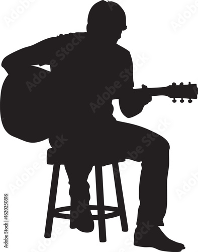 Vector art of silhouette of a man sitting on a stool playing an acoustic guitar, isolated on transparent background