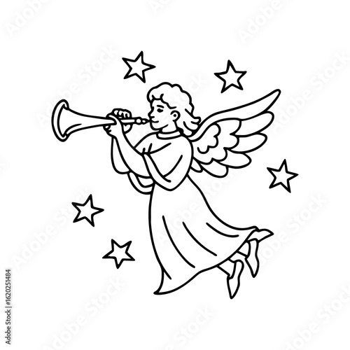 Принти на полотні Artistic outline of a joyful angel blowing a trumpet surrounded by stars isolate