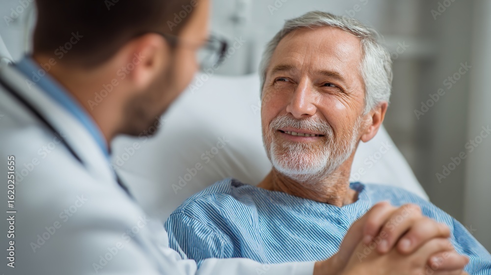 Fototapeta premium A Kindred Spirit in Healthcare: A doctor, in a gesture of empathy, engages an elderly patient in a candid and reassuring discussion, symbolizing compassion and the healing bond.