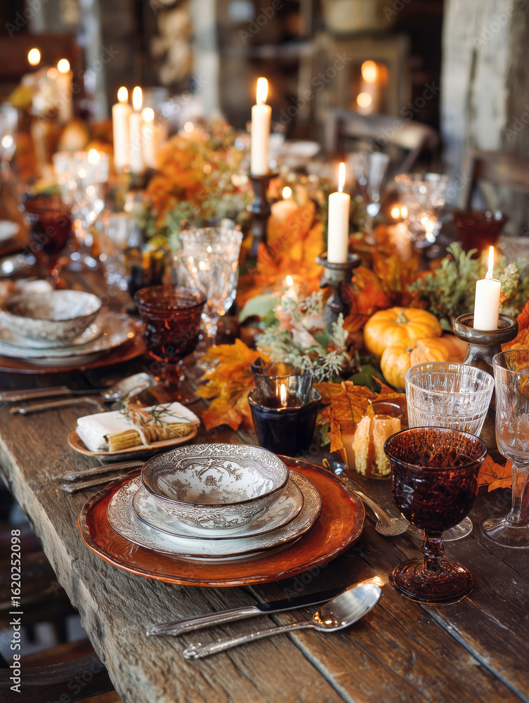 Naklejka premium Elegant autumn table setting with candles, pumpkins, and rustic dinnerware.