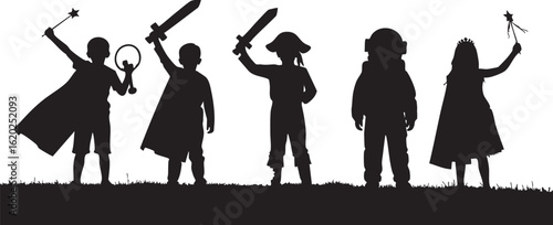 Vector art of children in silhouette wearing fantasy costumes playing with swords and magic wands isolated on transparent background