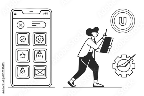 Woman with a clipboard standing next to a smartphone with icons and a gear and a u in a circle design
