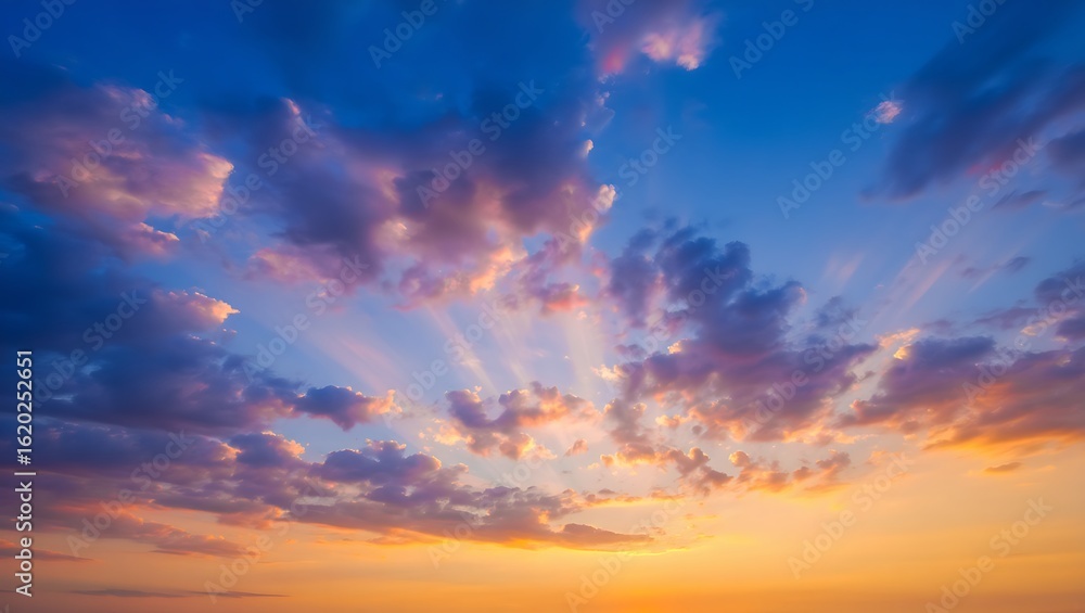 Fototapeta premium Photo of a breathtaking sunset paints the sky with vibrant hues of orange and blue, creating a serene and ethereal atmosphere as the sun dips below the horizon