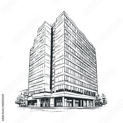 Modern architectural design of an office building in urban setting