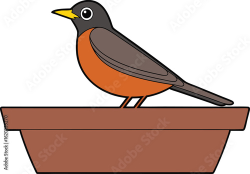 Illustration of an American Robin Bird Sitting on a Brown Feeder vector illustration