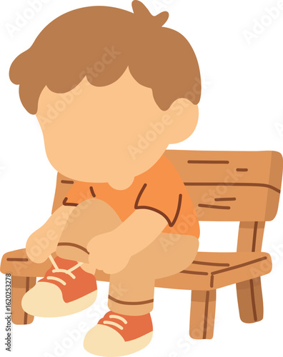 Boy Tying Shoelaces on Benchю A cartoon child sits on a bench, carefully tying their shoelaces in a peaceful outdoor setting.