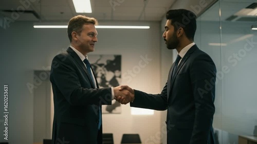 Two businessmen shaking hands indoors a positive agreement conclusion professional work success partnership collaboration formal attire