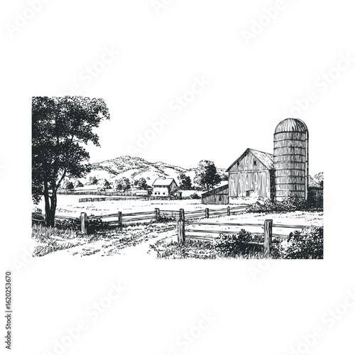 Rustic farm landscape with barn and silo in serene countryside
