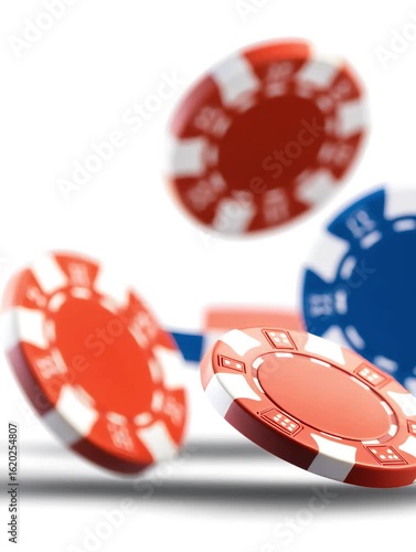 Colorful casino chips in motion, showcasing red and blue colors. The scene captures the excitement of gambling and gaming activities.