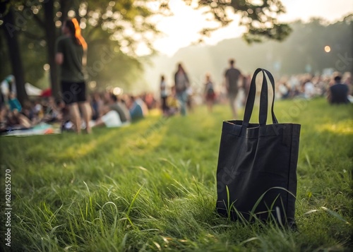 Black tote bag on grass in a park with people enjoying a summer festival
