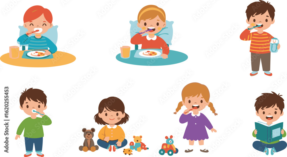 Vector art of set of children engaged in daily activities like brushing teeth, eating, and reading, isolated on transparent background Vector art of set of children engaged in daily activities like brushing teeth, eating, and reading, isolated on transparent background