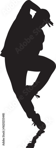Vector art of silhouette of a male dancer performing a dynamic hip hop move, isolated on transparent background