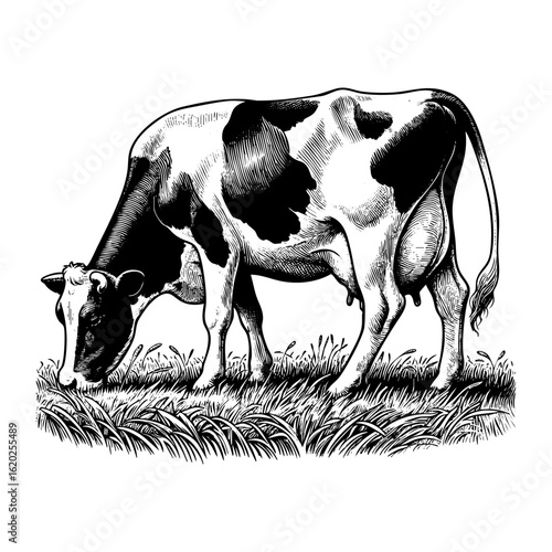 Cow grazing sketch engraving black and white outline. Scratch board imitation.  illustrated in vintage line art style on a white background.