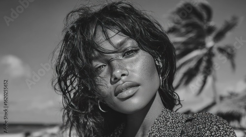 Fototapeta Naklejka Na Ścianę i Meble -  Portrait of a woman, black and white, with palm tree, beach background