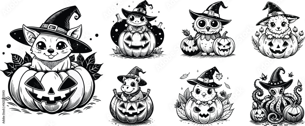 Fototapeta premium Adorable Halloween Animals in Pumpkins Black and White Line Art Collection Spooky Cute Festive Illustrations