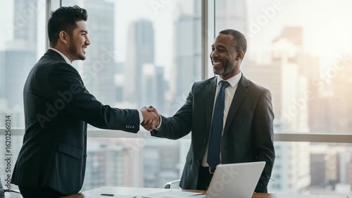Two professional men shake hands in agreement near a bright window cityscape suggesting a successful partnership conclusion