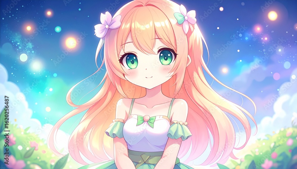 Colorful anime girl with flowers, bright night sky background. Colorful anime girl with flowers, bright night sky background.